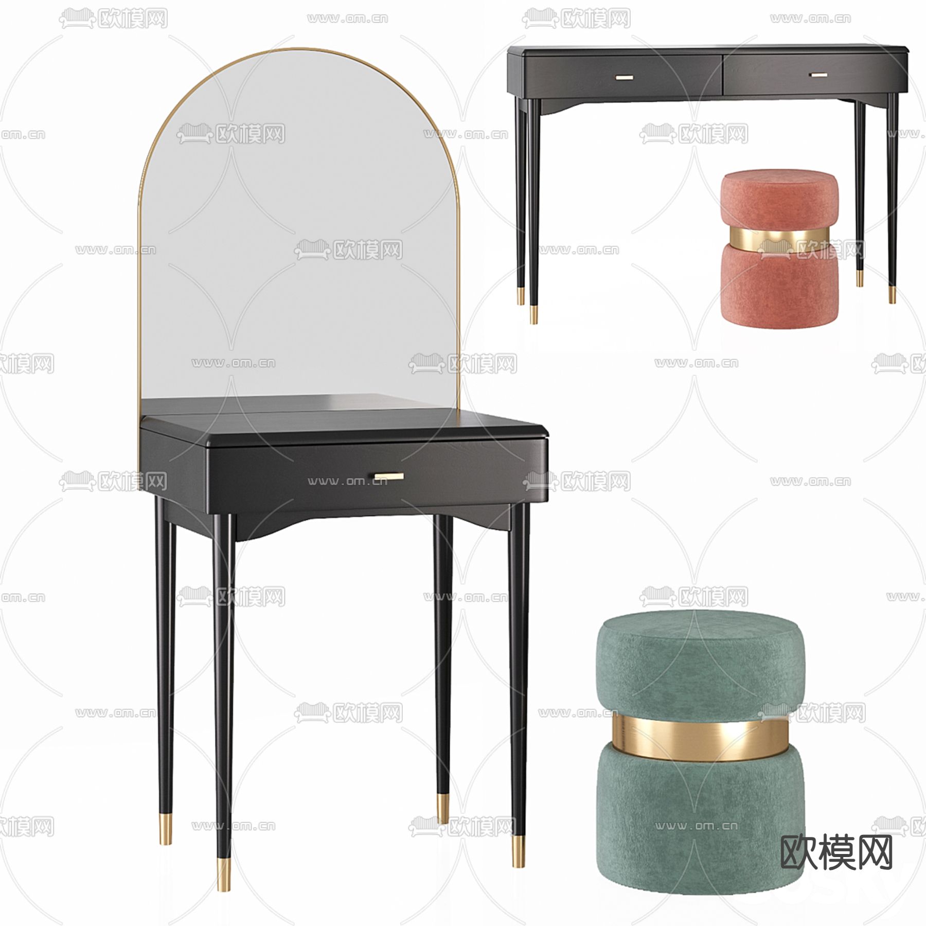 简欧化妆桌 实木梳妆台3d模型下载（渲染图1）