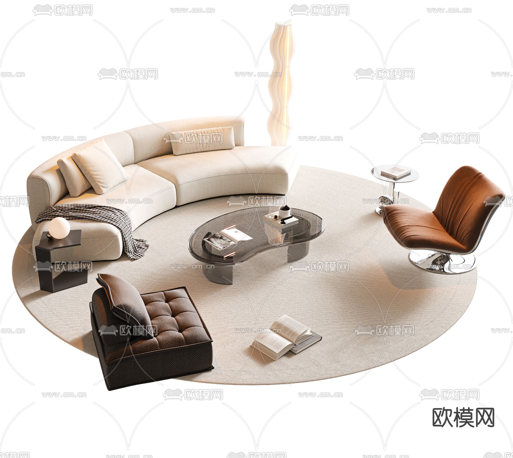 奶油风组合沙发su模型下载（渲染图2）