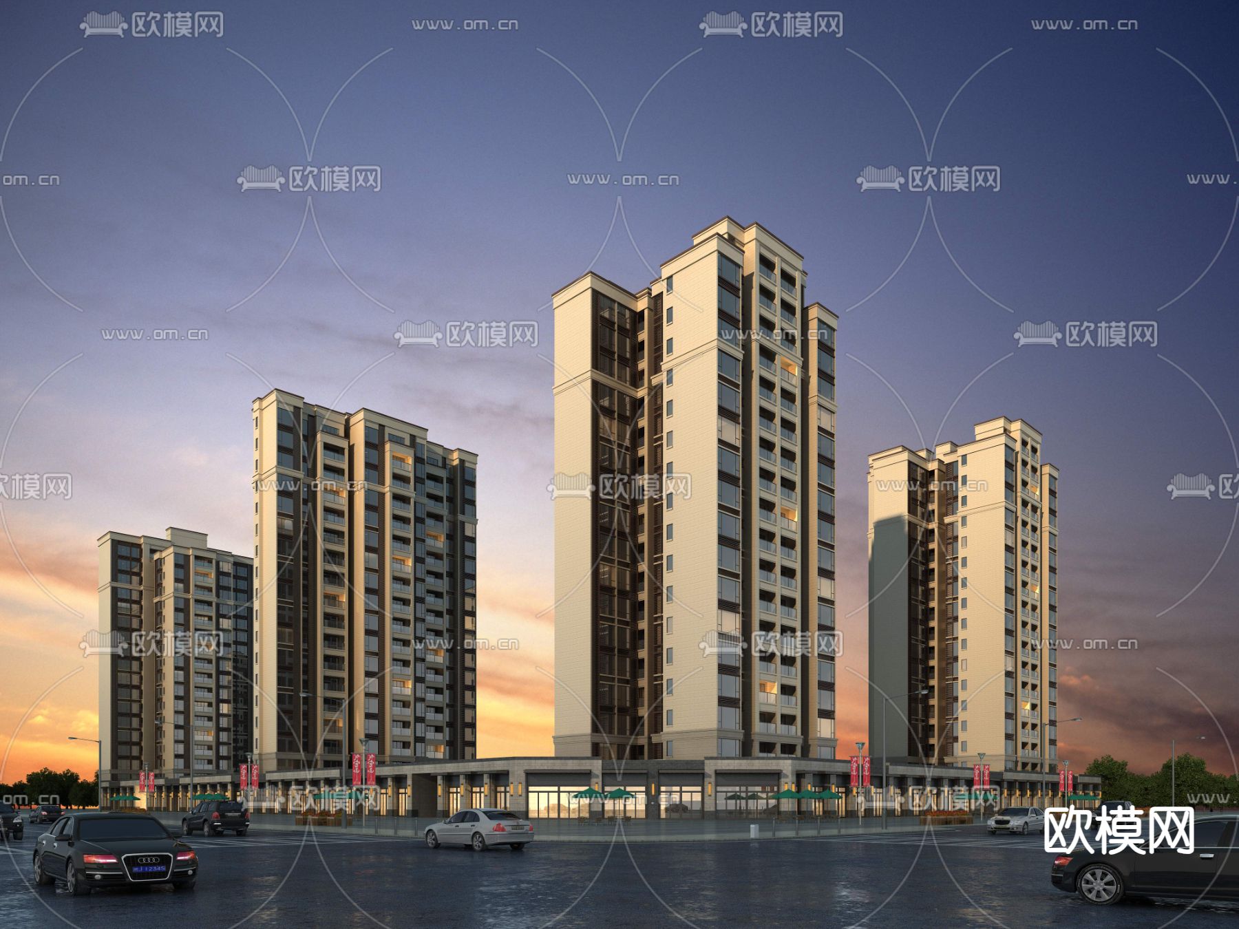 高层住宅外观 沿街商业3d模型下载