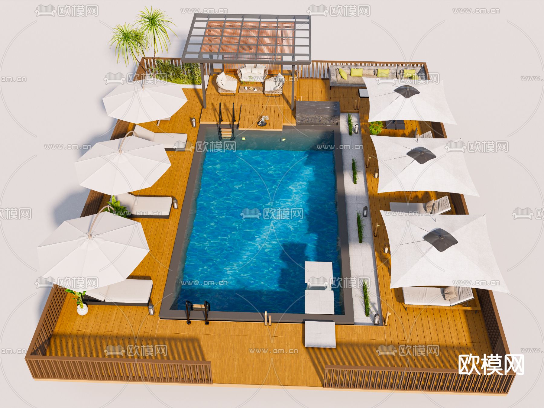 现代庭院泳池 休闲亭su模型下载（渲染图2）