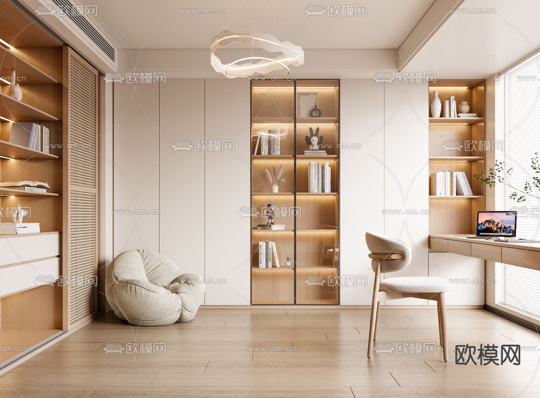 奶油风书房3d模型下载