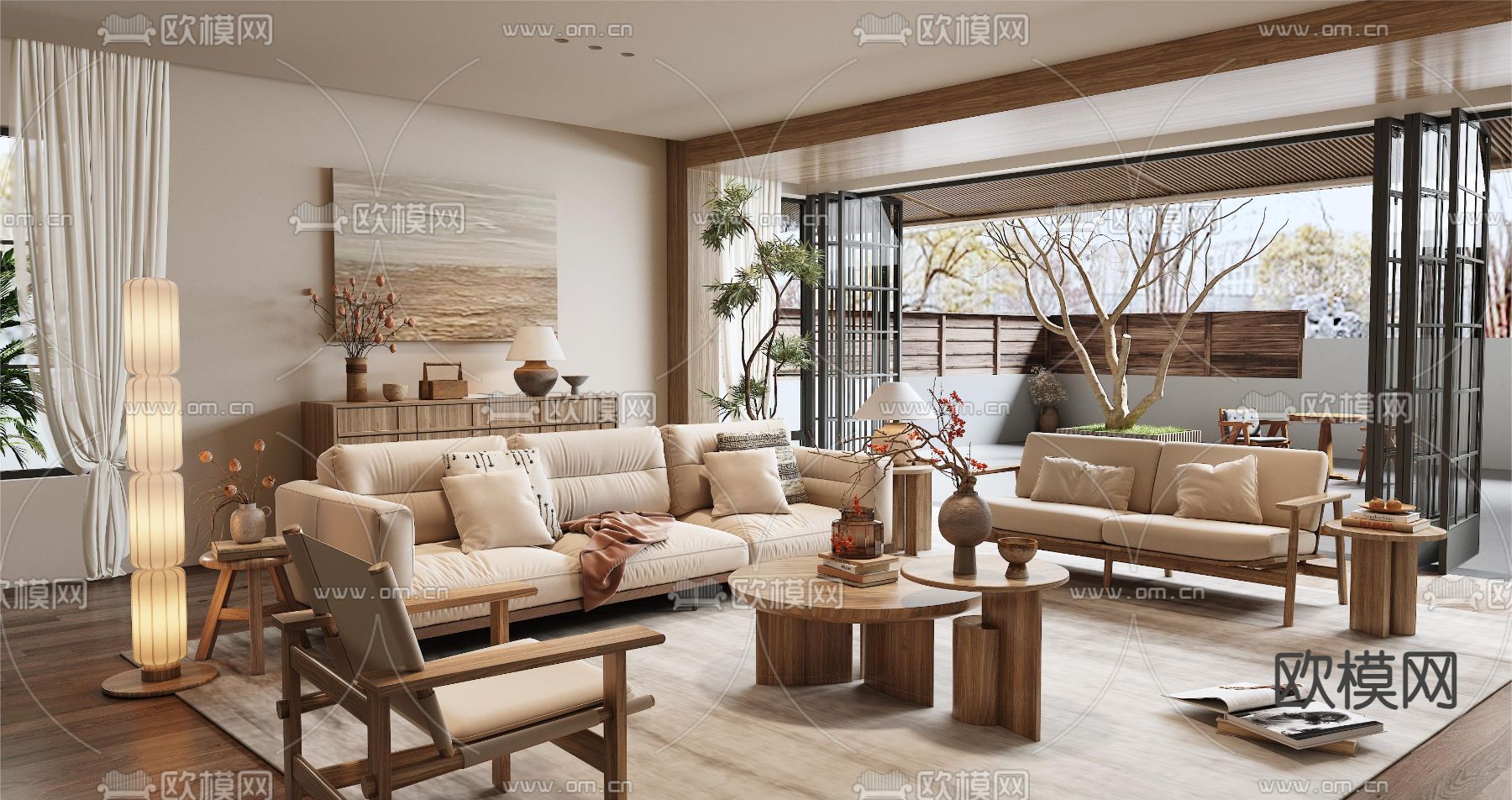 中古风民宿大厅3d模型下载（渲染图1）