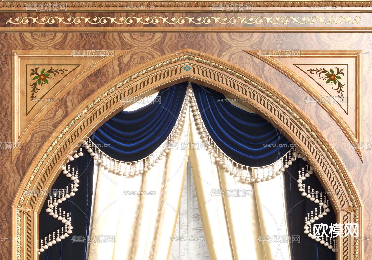 美式窗帘 窗纱3d模型下载（渲染图1）