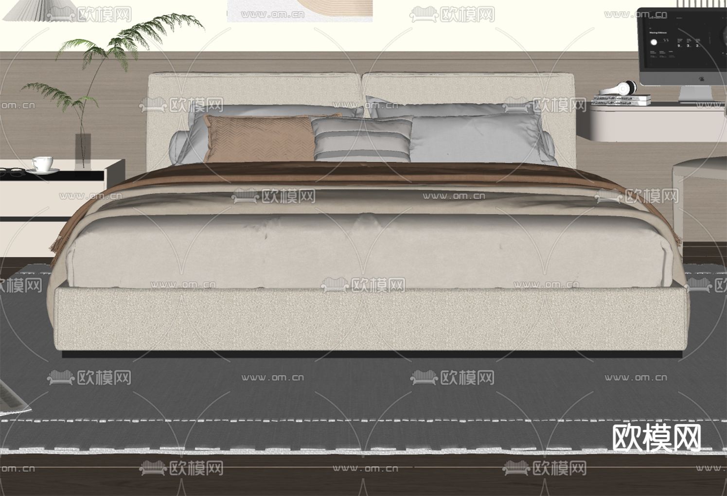奶油风双人床su模型下载（渲染图1）
