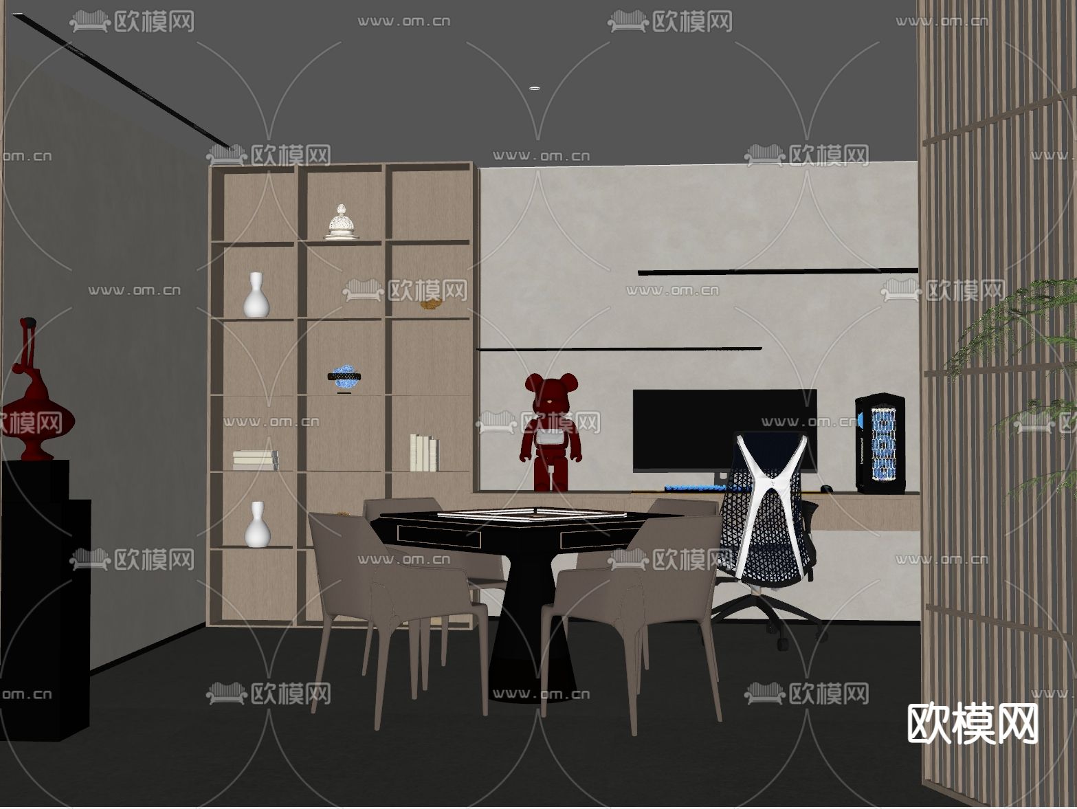现代多功能房 麻将房 电竞房su模型下载（渲染图1）