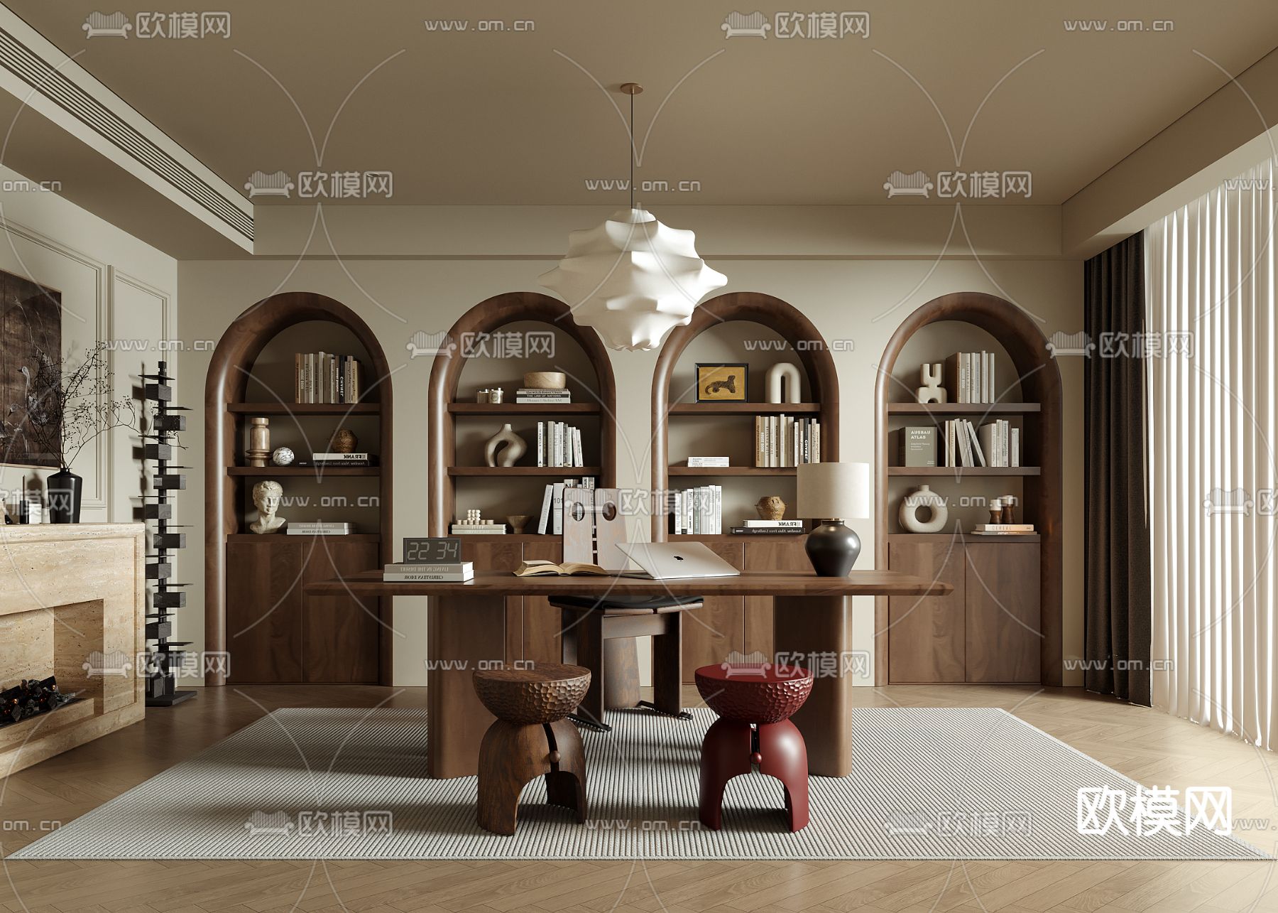 中古风书房su模型下载（渲染图2）