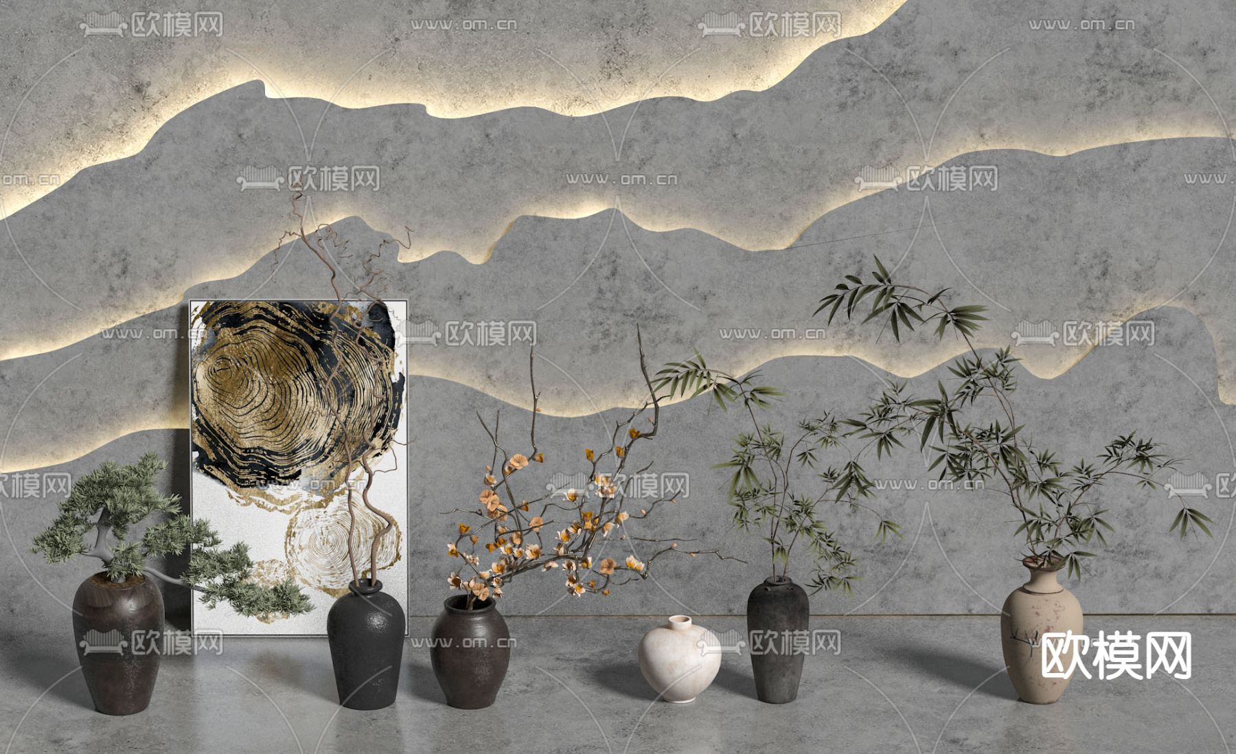 侘寂花瓶 干枝 绿植 陶罐3d模型下载