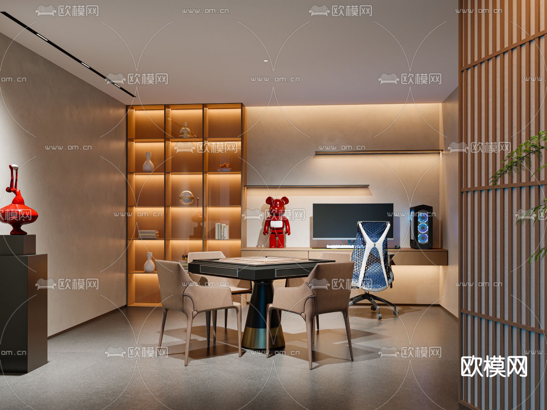 现代多功能房 麻将房 电竞房su模型下载（渲染图2）