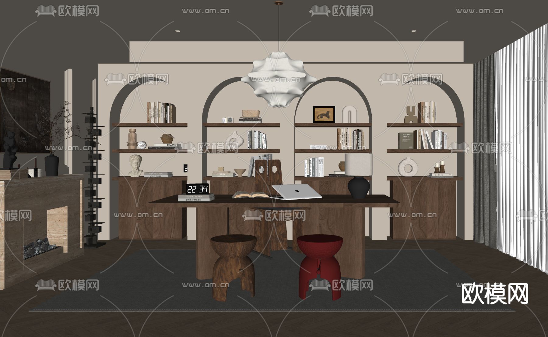 中古风书房su模型下载（渲染图1）