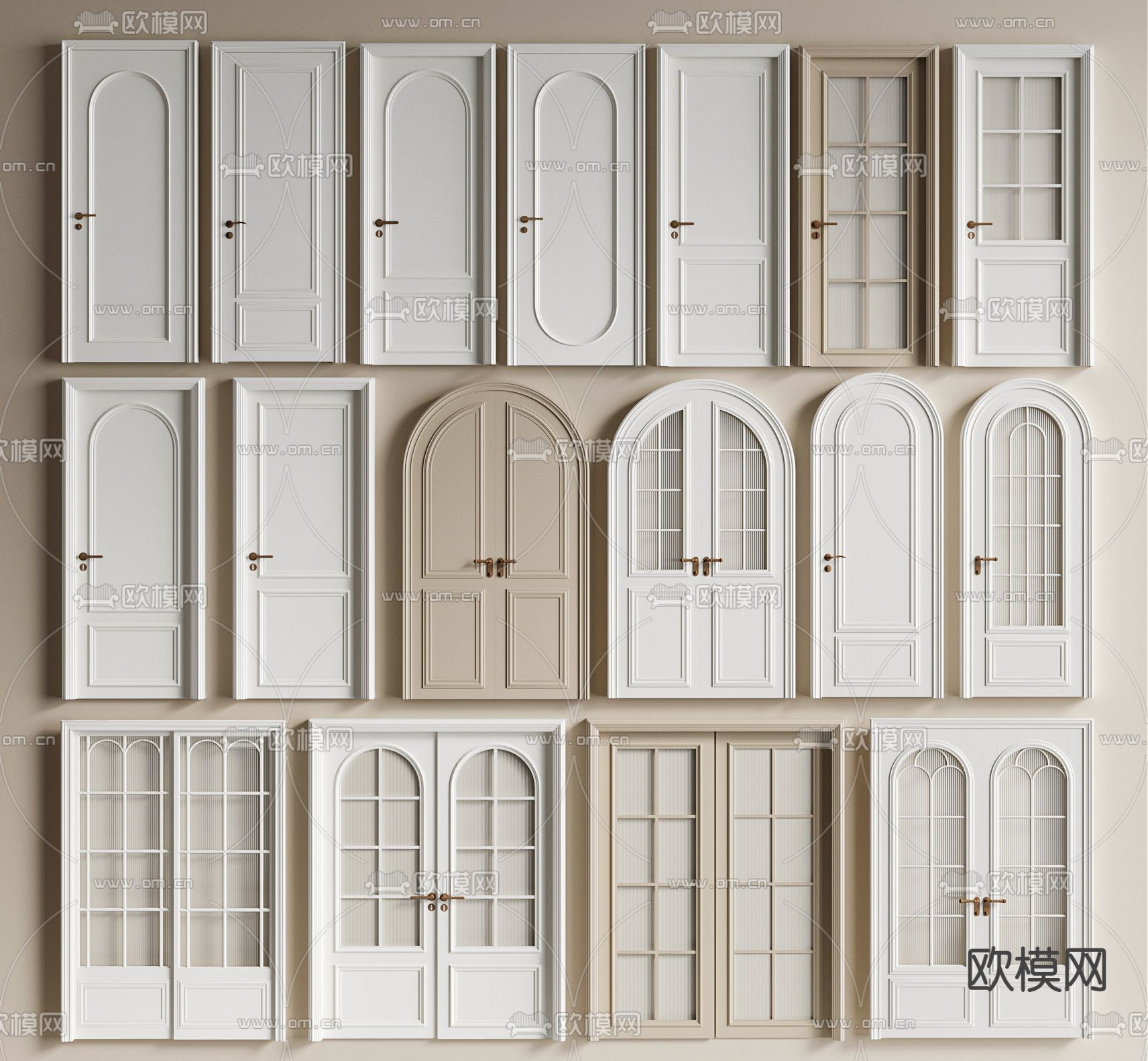 奶油风玻璃门 单开门 双开门3d模型下载