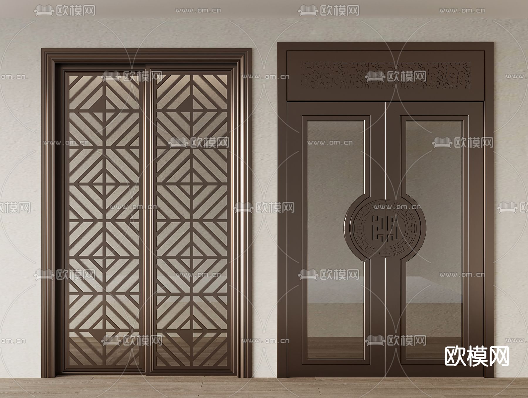 中式通顶门 双开玻璃门 推拉门 移门3d模型下载