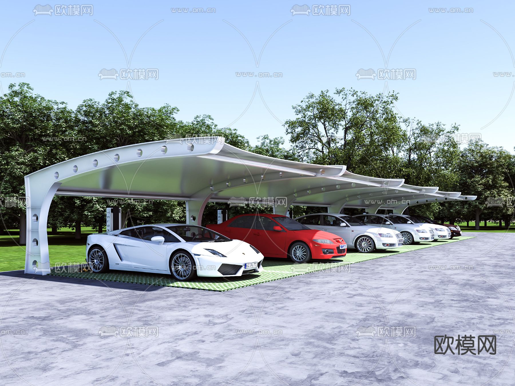 张拉膜停车棚 汽车棚3d模型下载