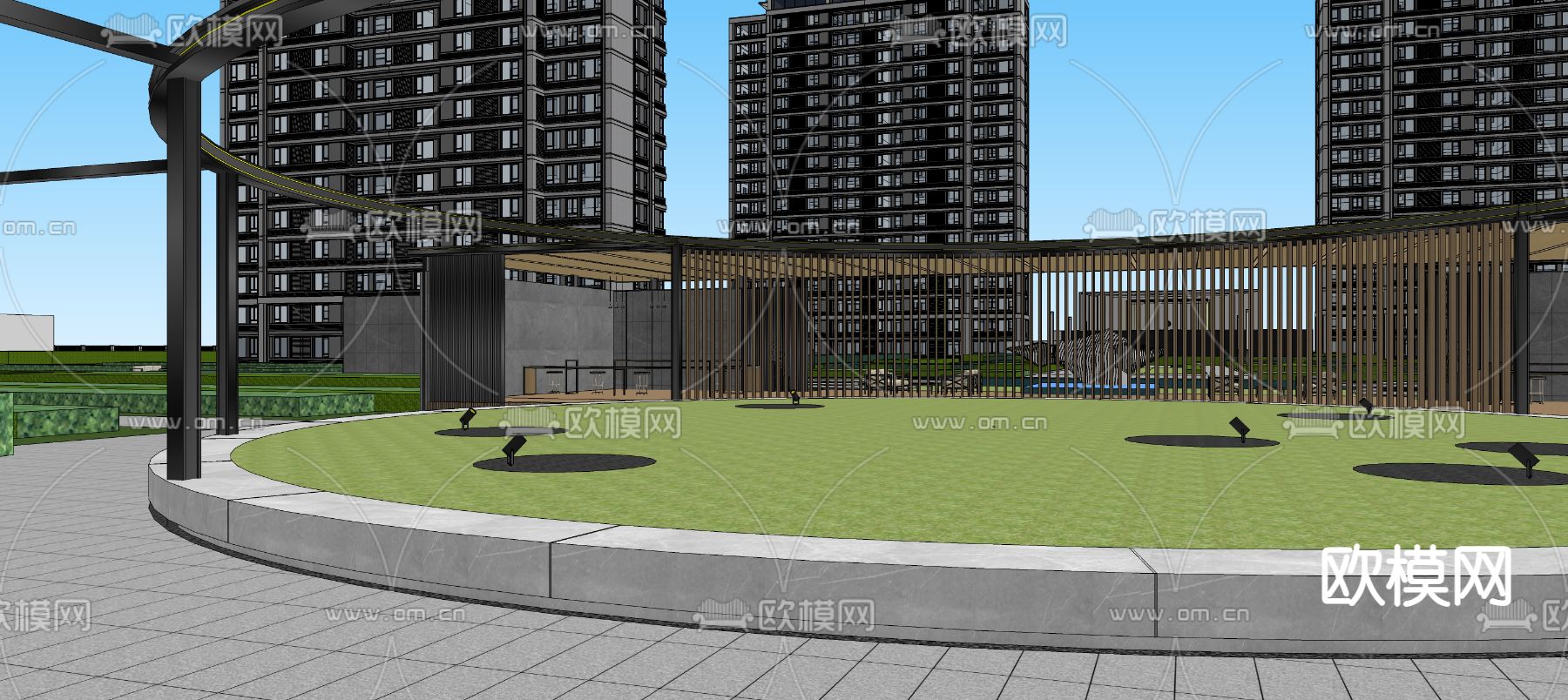 现代小区中轴廊架su模型下载（渲染图2）