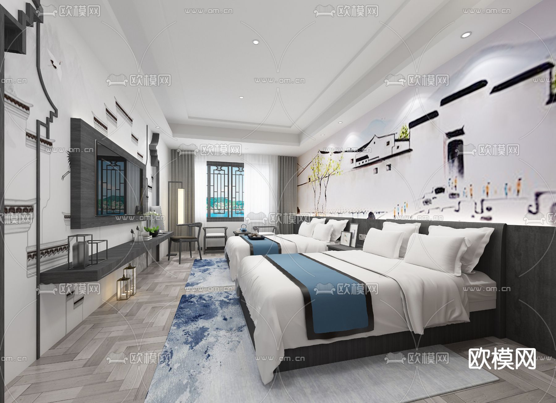 徽派民宿 双床房3d模型下载