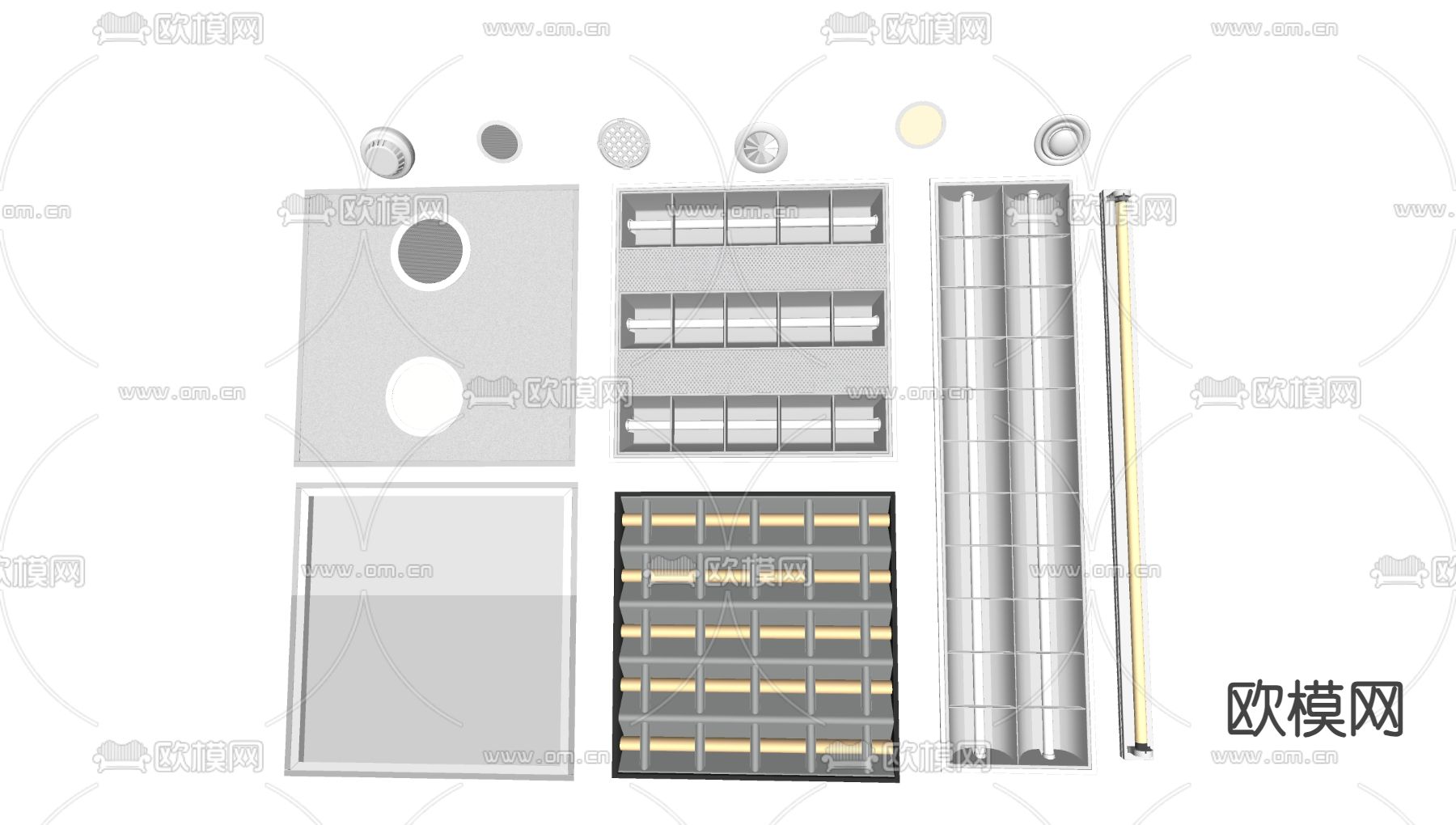 格栅灯 嵌入式明装格栅灯 灯管su模型下载（渲染图2）