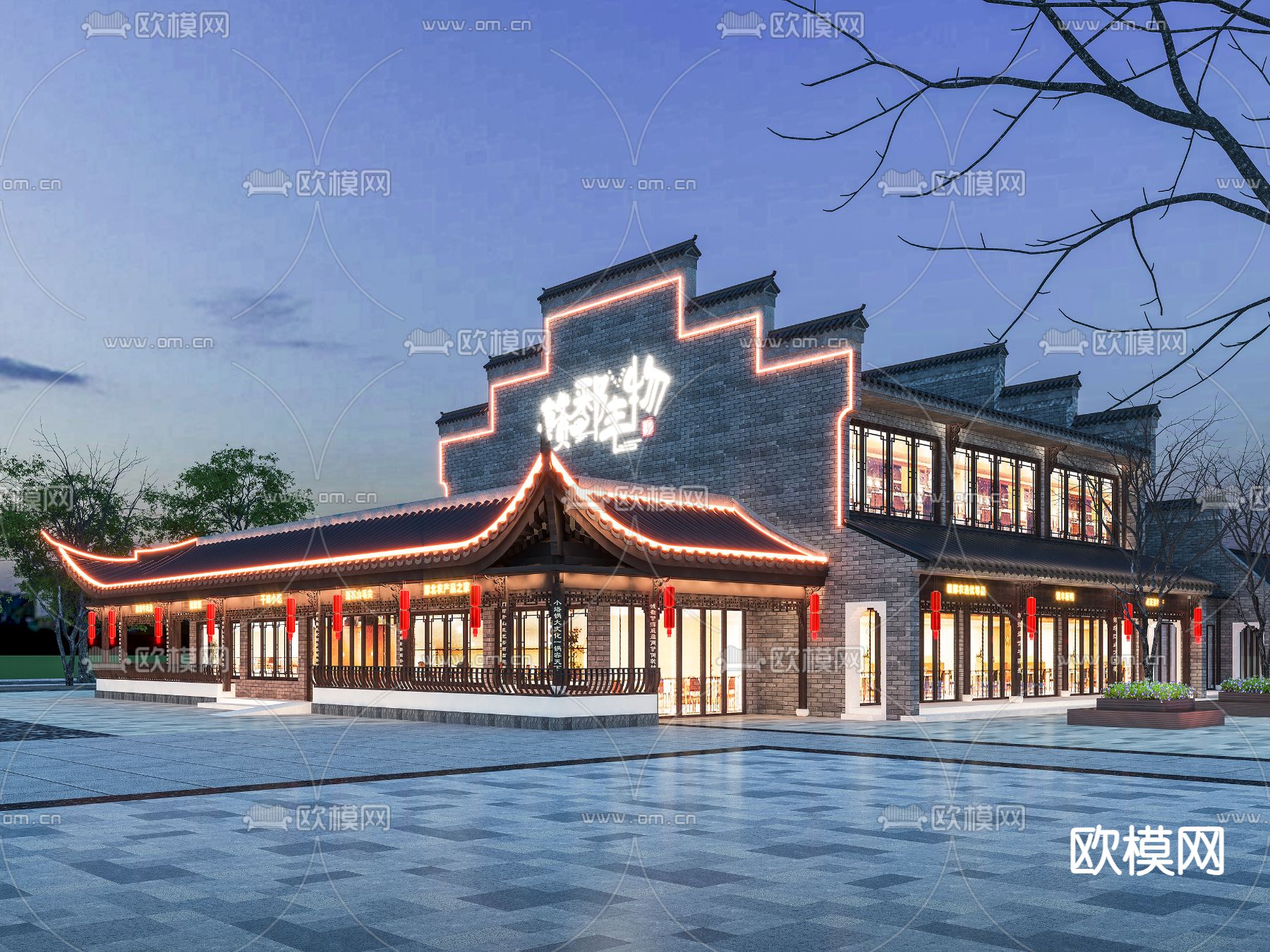 中式民宿外观3d模型下载