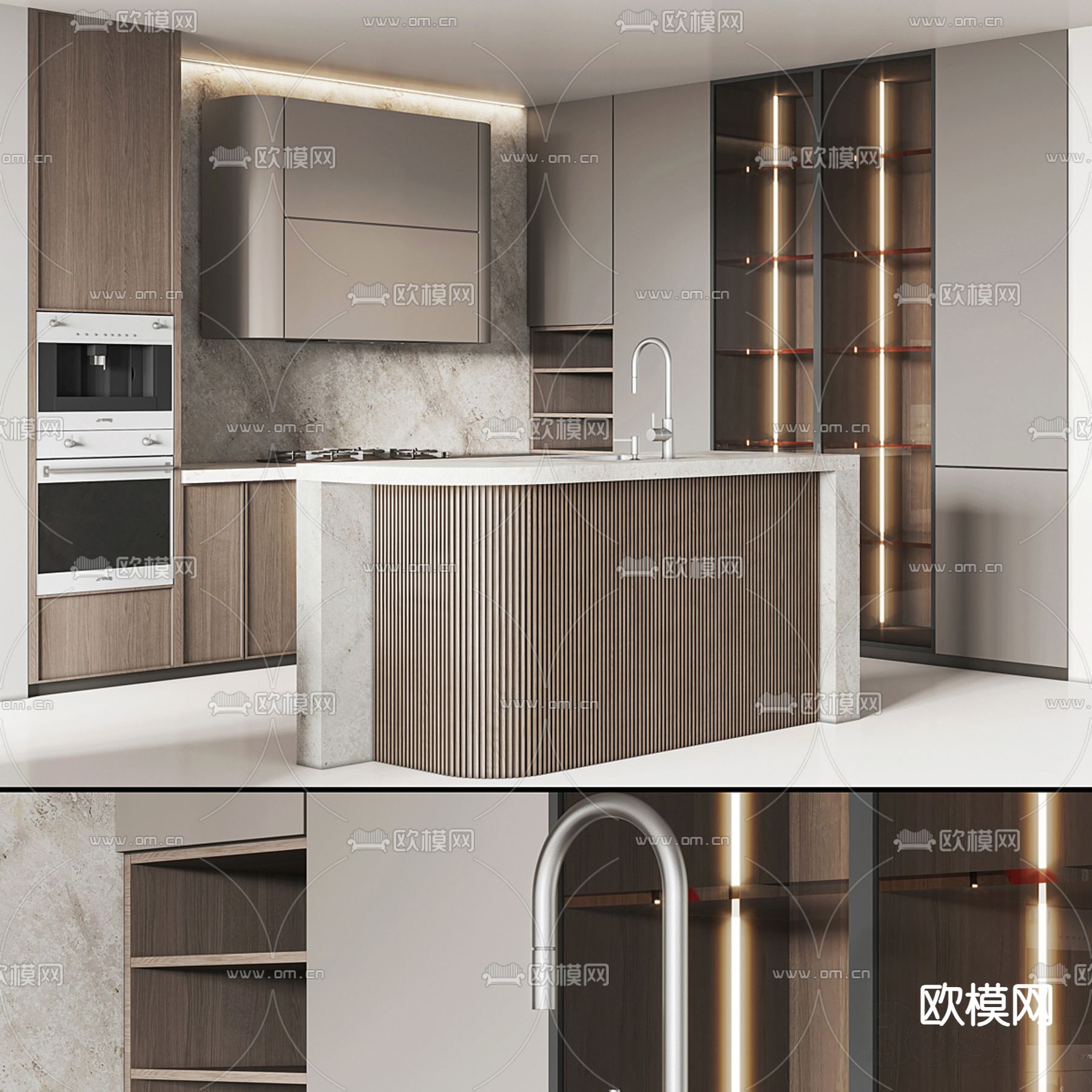实木橱柜 开放式厨房3d模型下载（渲染图1）