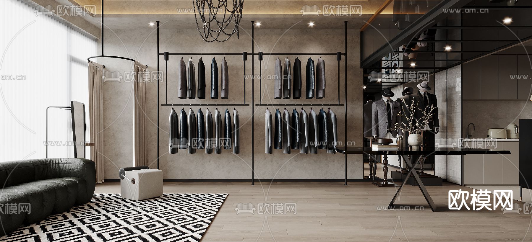 高级灰 男装服装店3d模型下载（渲染图1）