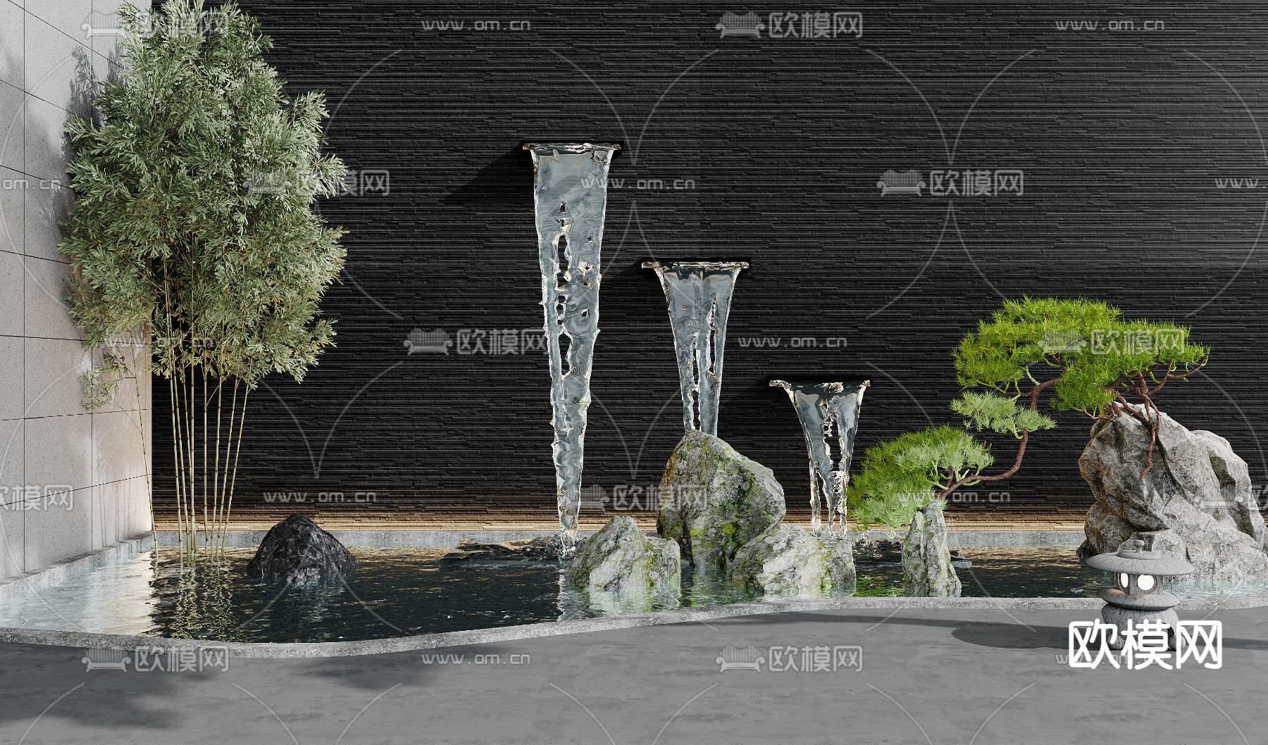 流水景墙 喷泉瀑布 景观石3d模型下载（渲染图1）