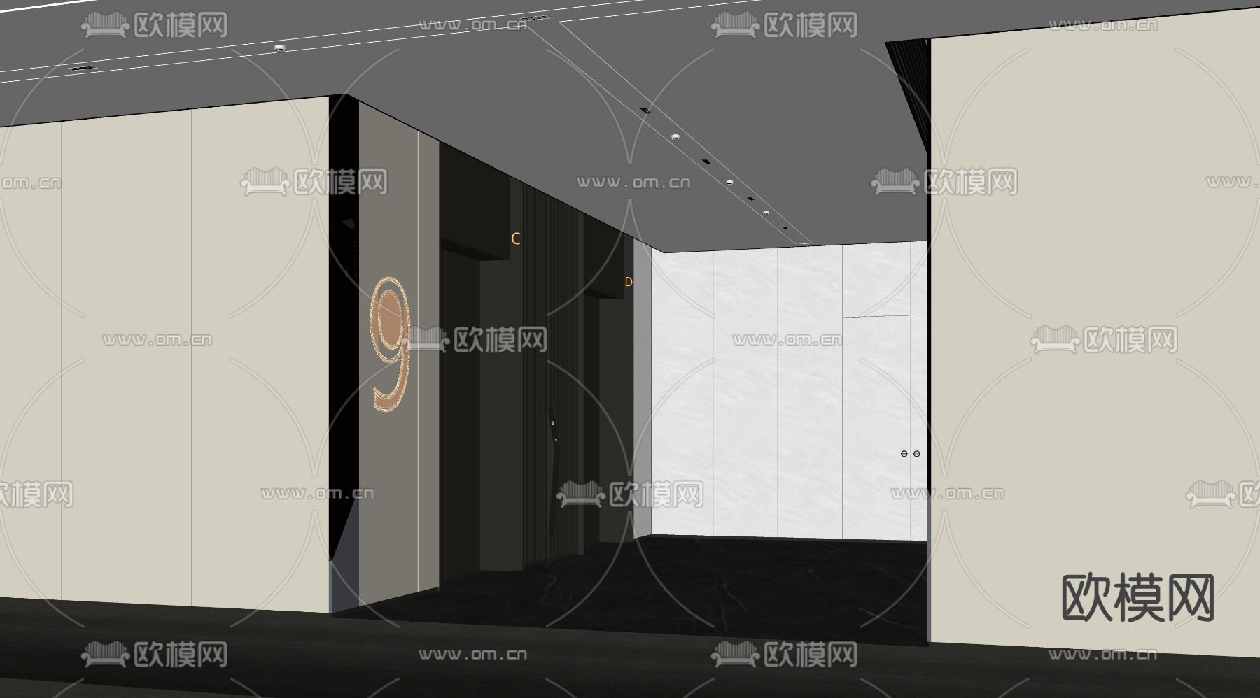 现代电梯间 电梯大厅su模型下载（渲染图1）