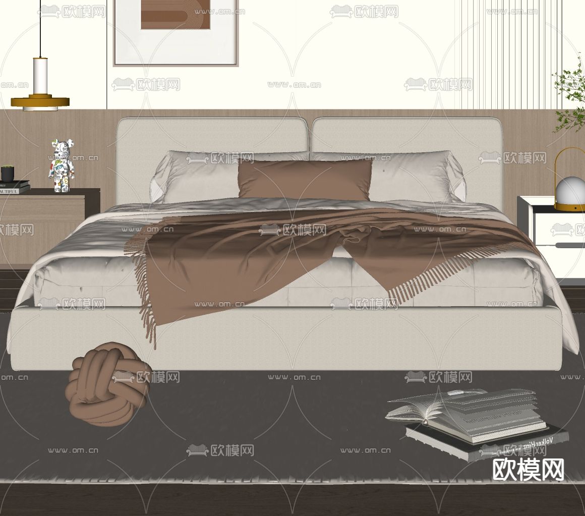 奶油风双人床su模型下载（渲染图1）