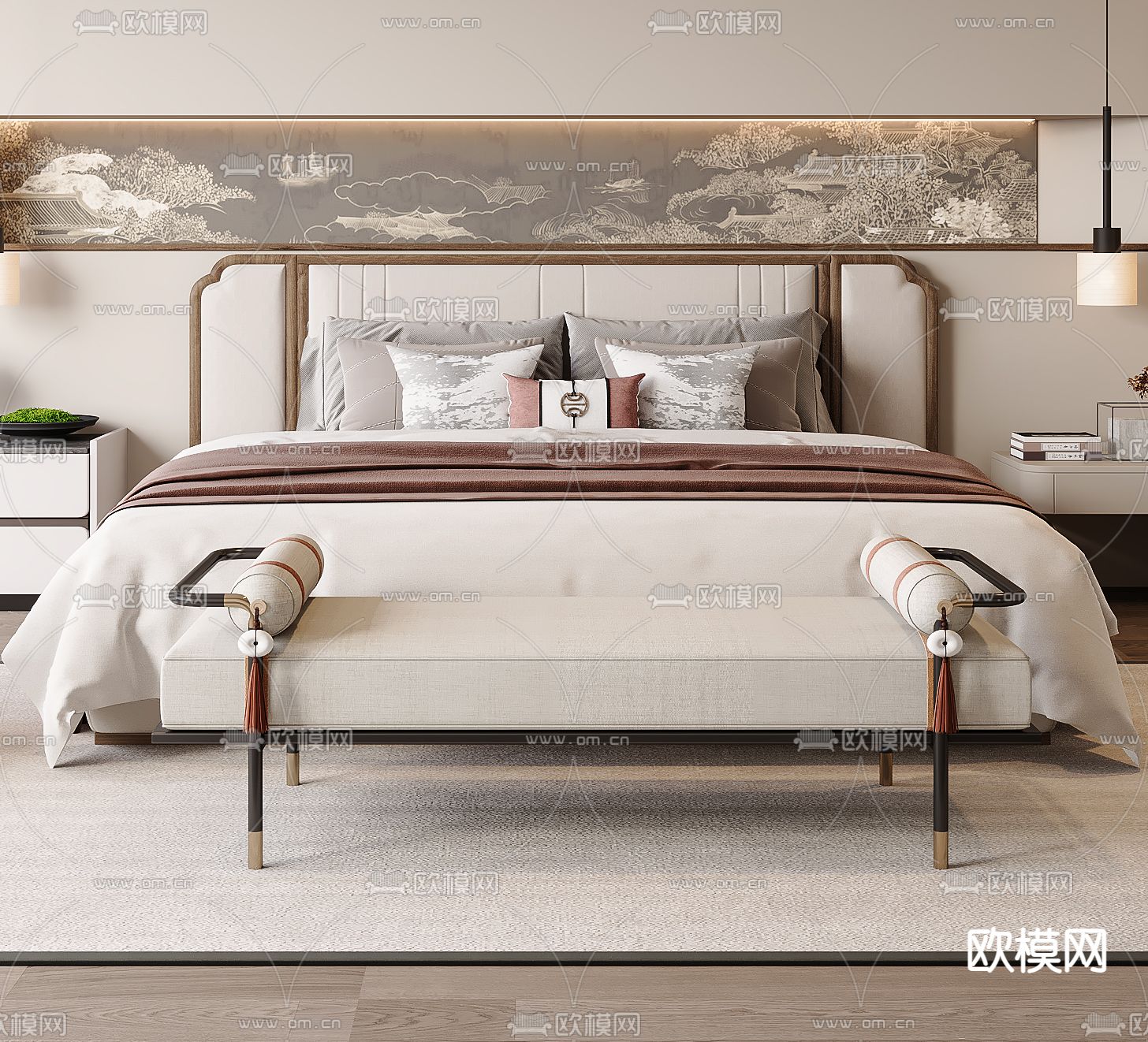新中式双人床su模型下载（渲染图2）