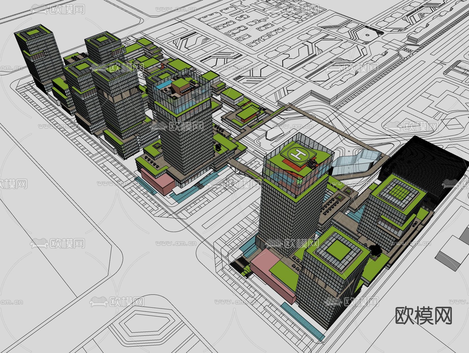 办公产业园区鸟瞰su模型下载（渲染图1）
