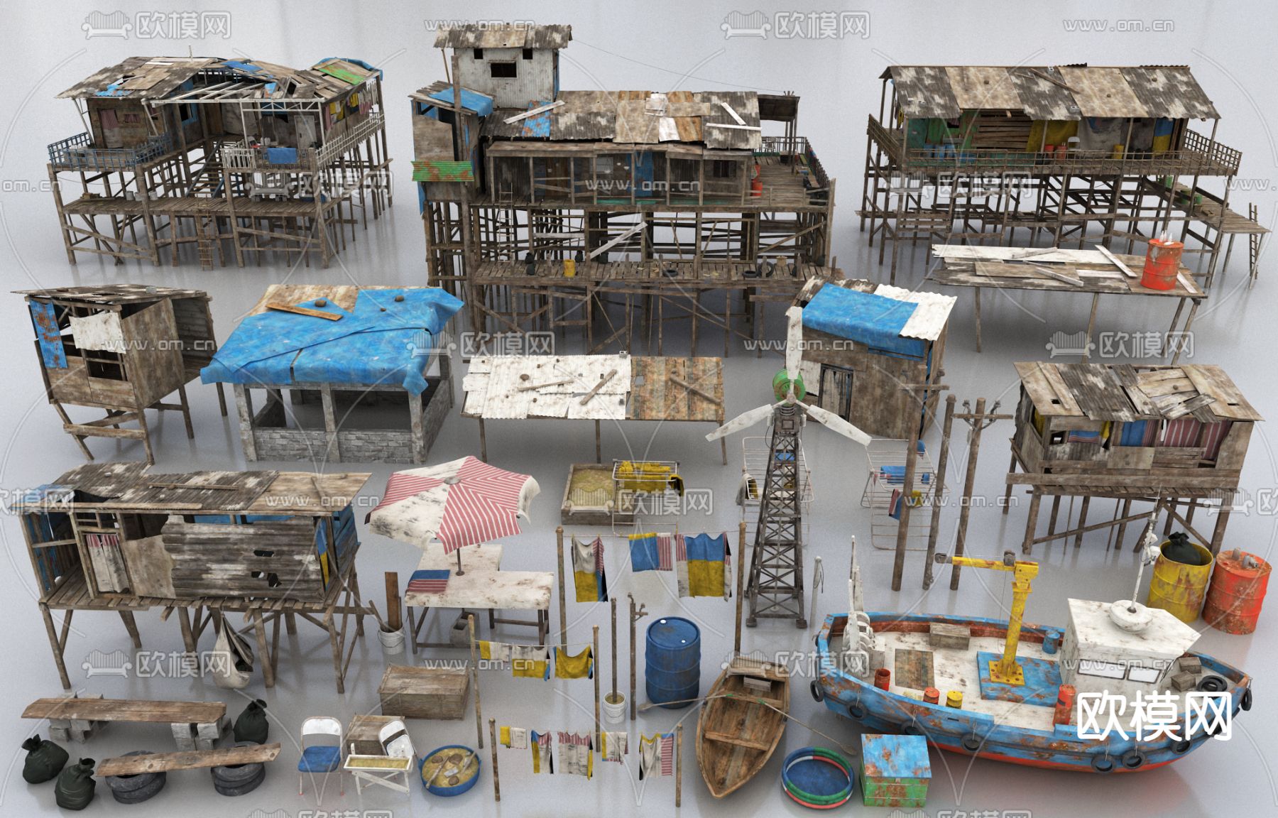 废墟场景 工地废墟 油罐 木板桥3d模型下载