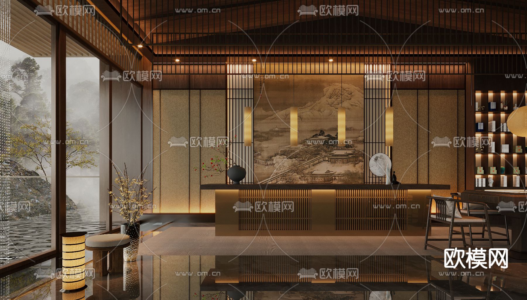 新中式茶馆 前台3d模型下载