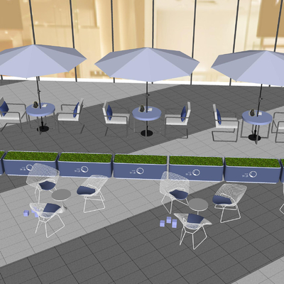  现代户外桌椅 太阳伞 座凳su模型 