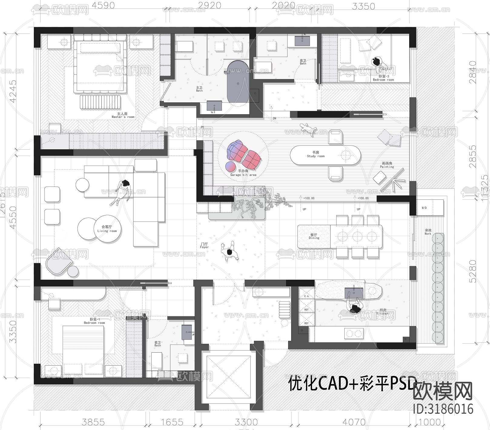 170㎡大平层户型改造优化设计户型平面设计图cad施工图下载（渲染图3）