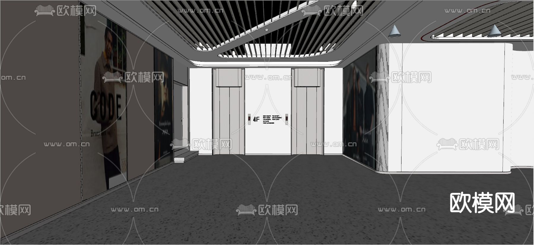 现代商场电梯厅su模型下载（渲染图1）