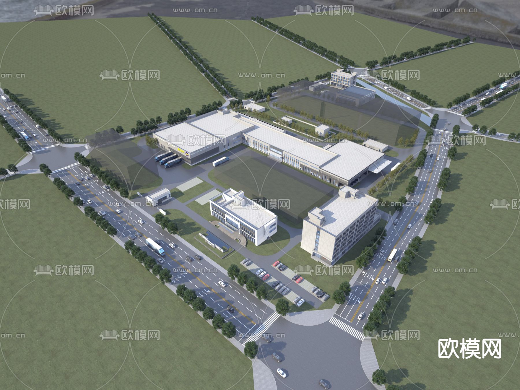 现代厂房鸟瞰规划3d模型下载