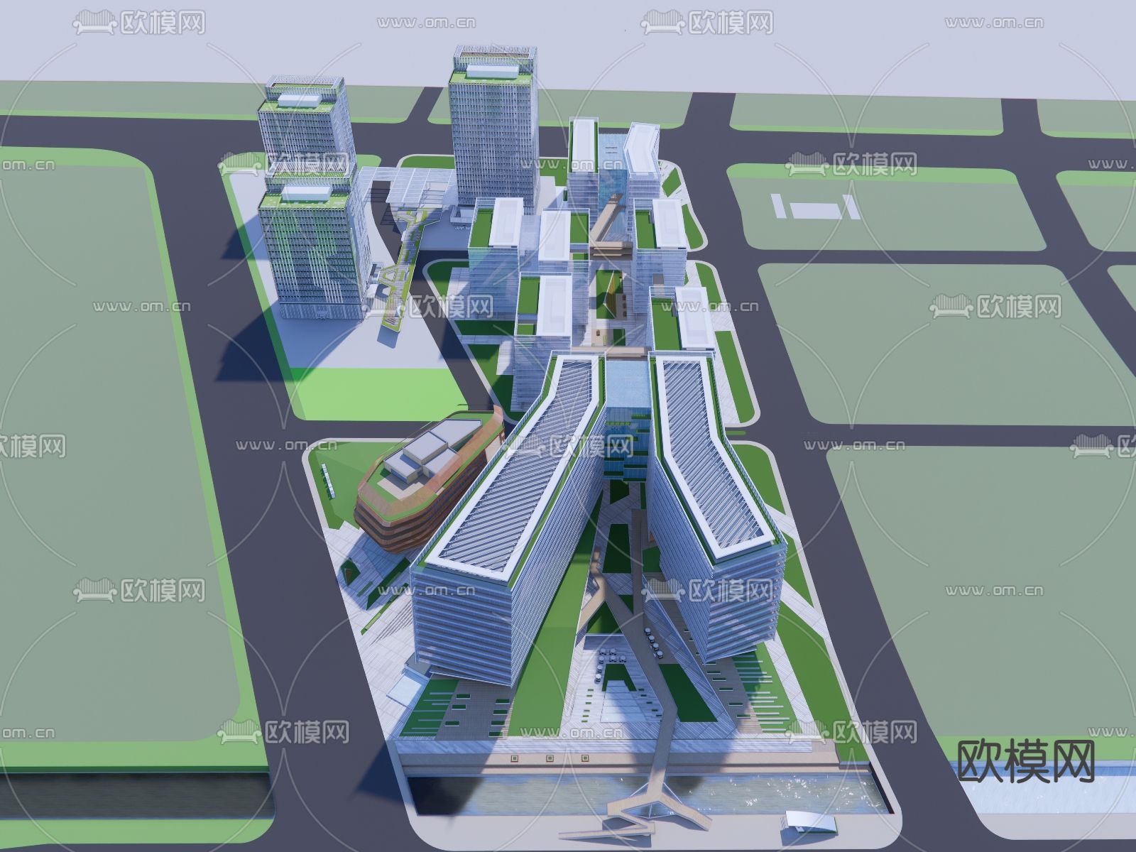 办公产业园区鸟瞰su模型下载（渲染图2）