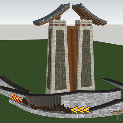  现代镇标识 入口标识su模型 