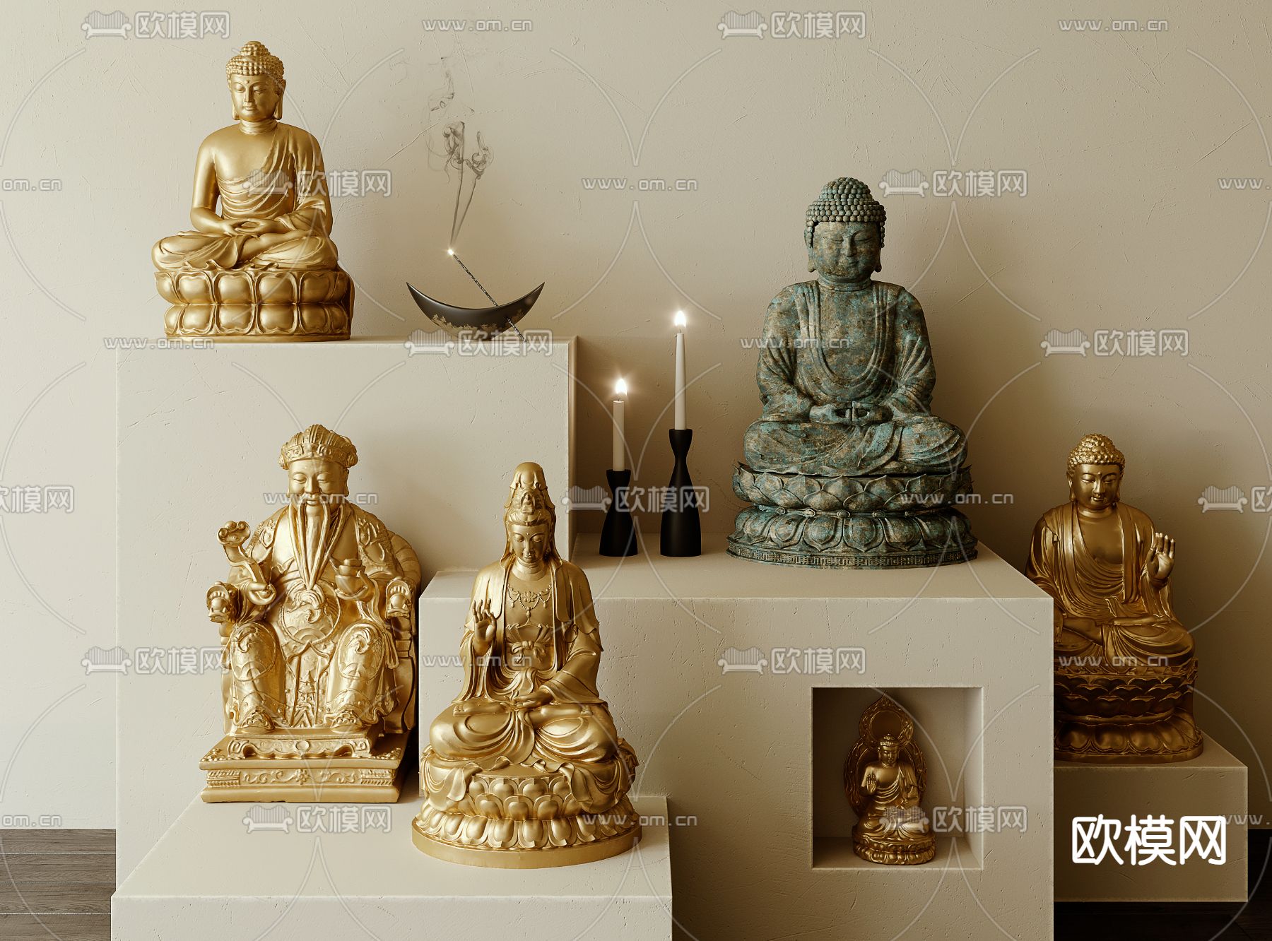 中式佛像 观世音 财神爷3d模型下载（渲染图2）