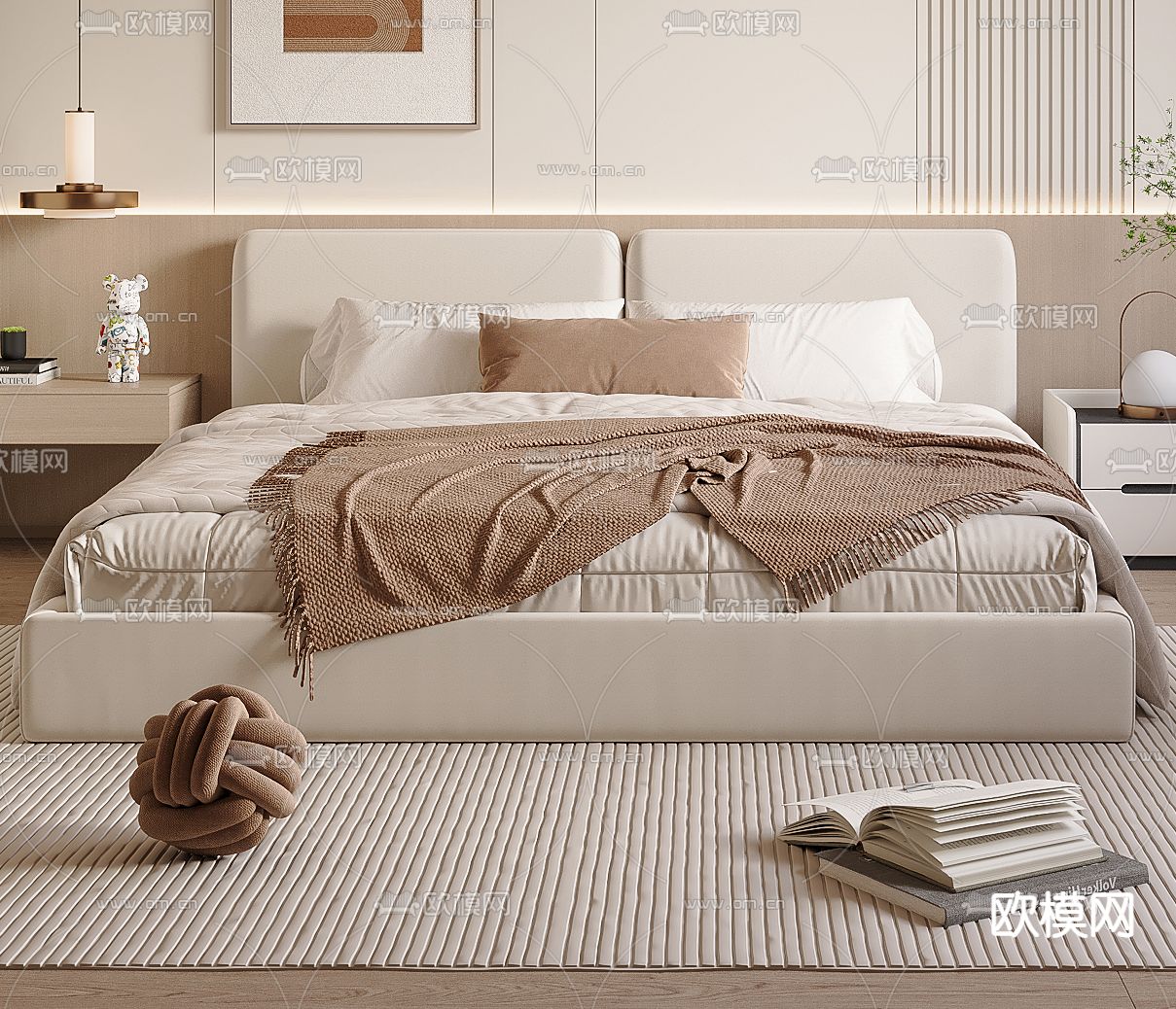 奶油风双人床su模型下载（渲染图2）