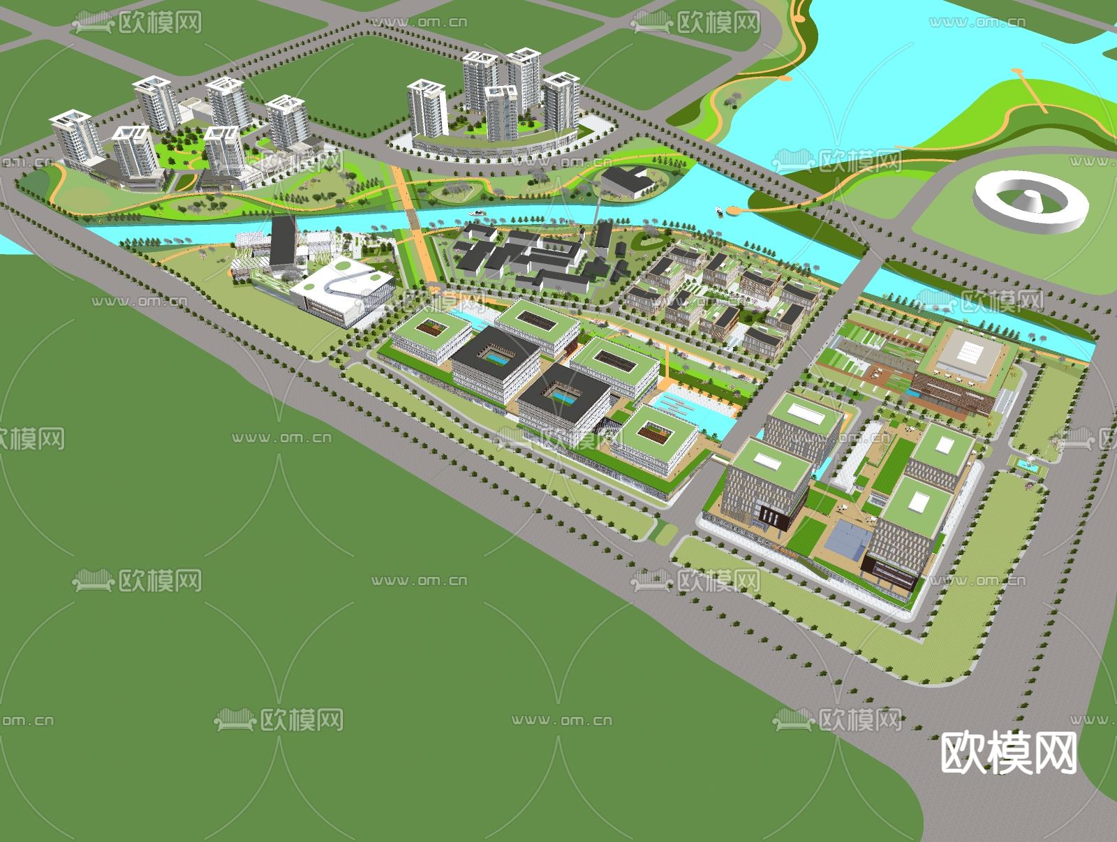 办公产业园区鸟瞰su模型下载（渲染图1）
