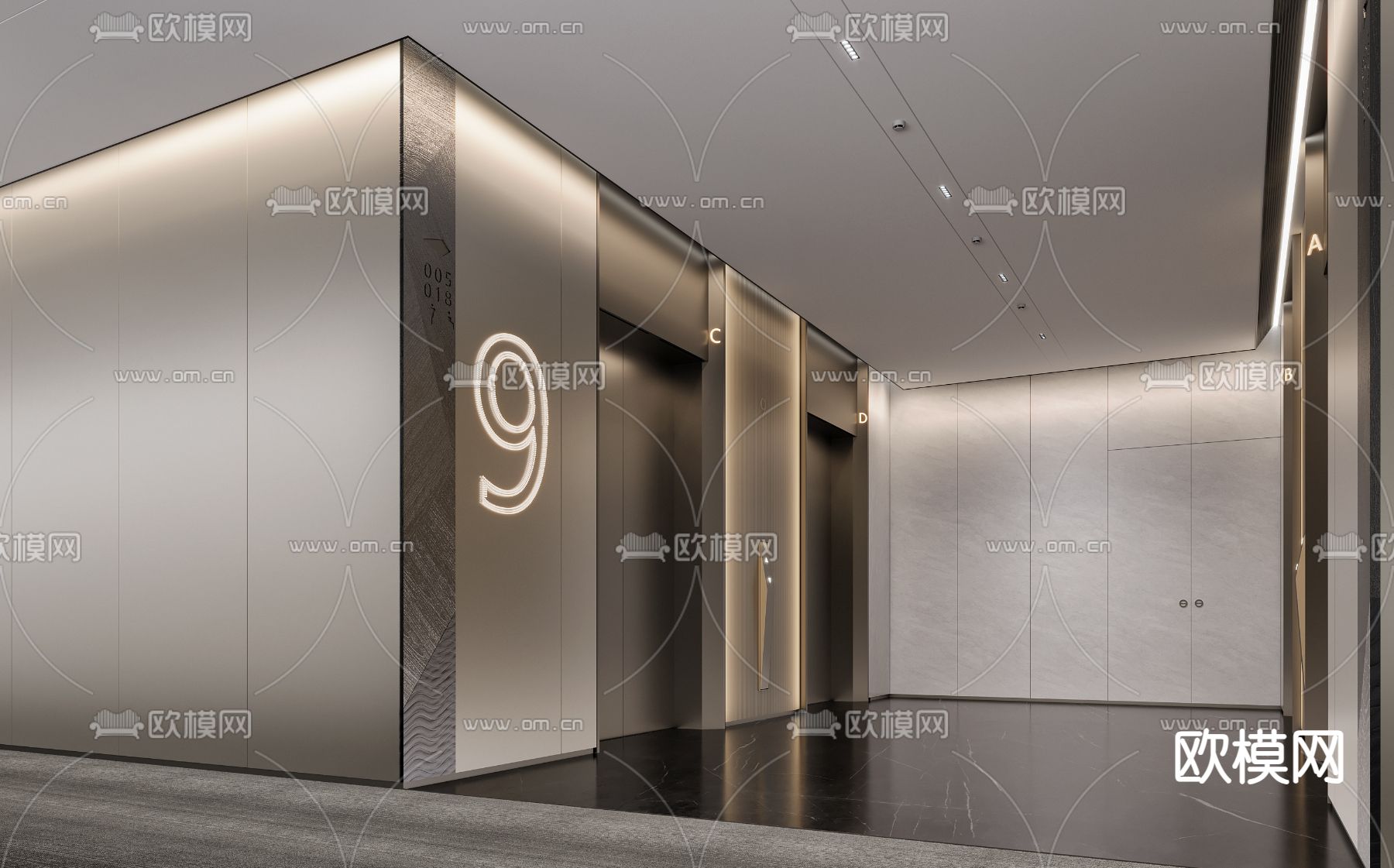 现代电梯间 电梯大厅su模型下载（渲染图2）