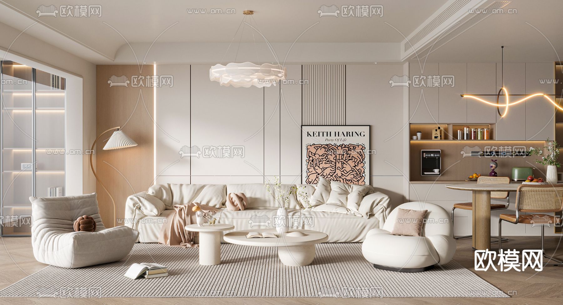 奶油风客餐厅3d模型下载