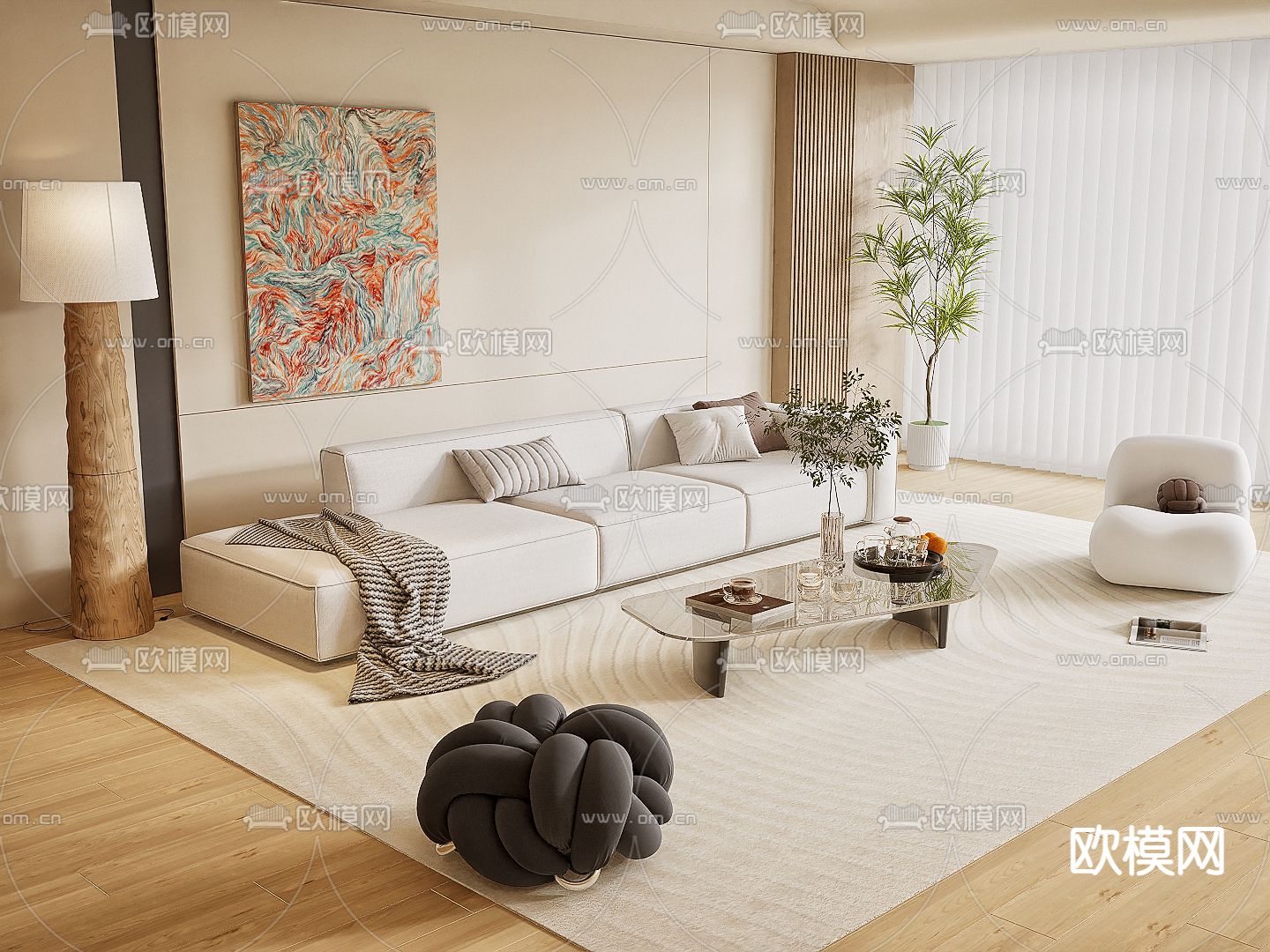 奶油风组合沙发su模型下载（渲染图2）