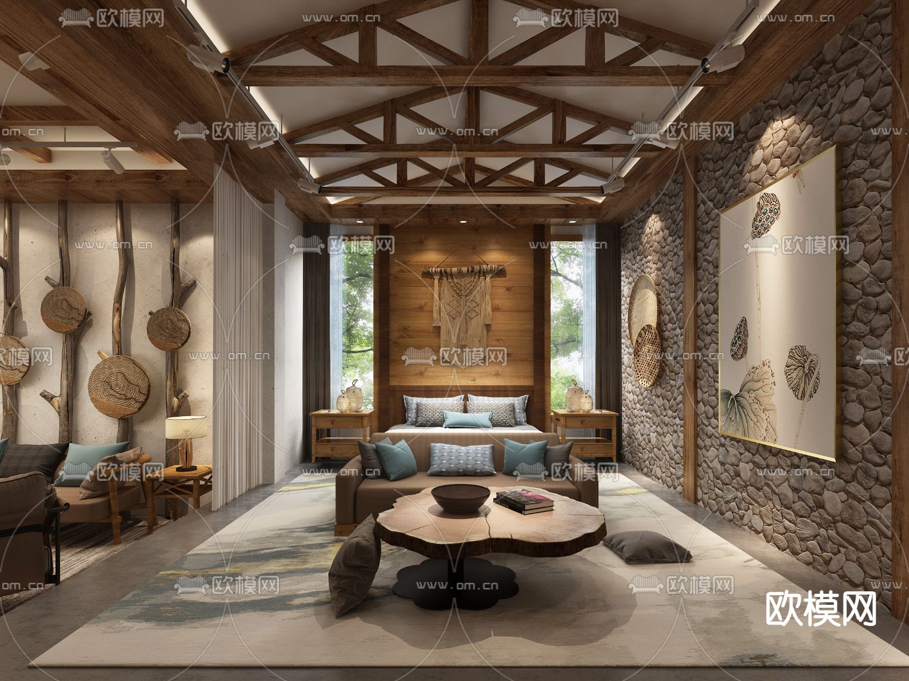 新中式民宿卧室3d模型下载（渲染图2）