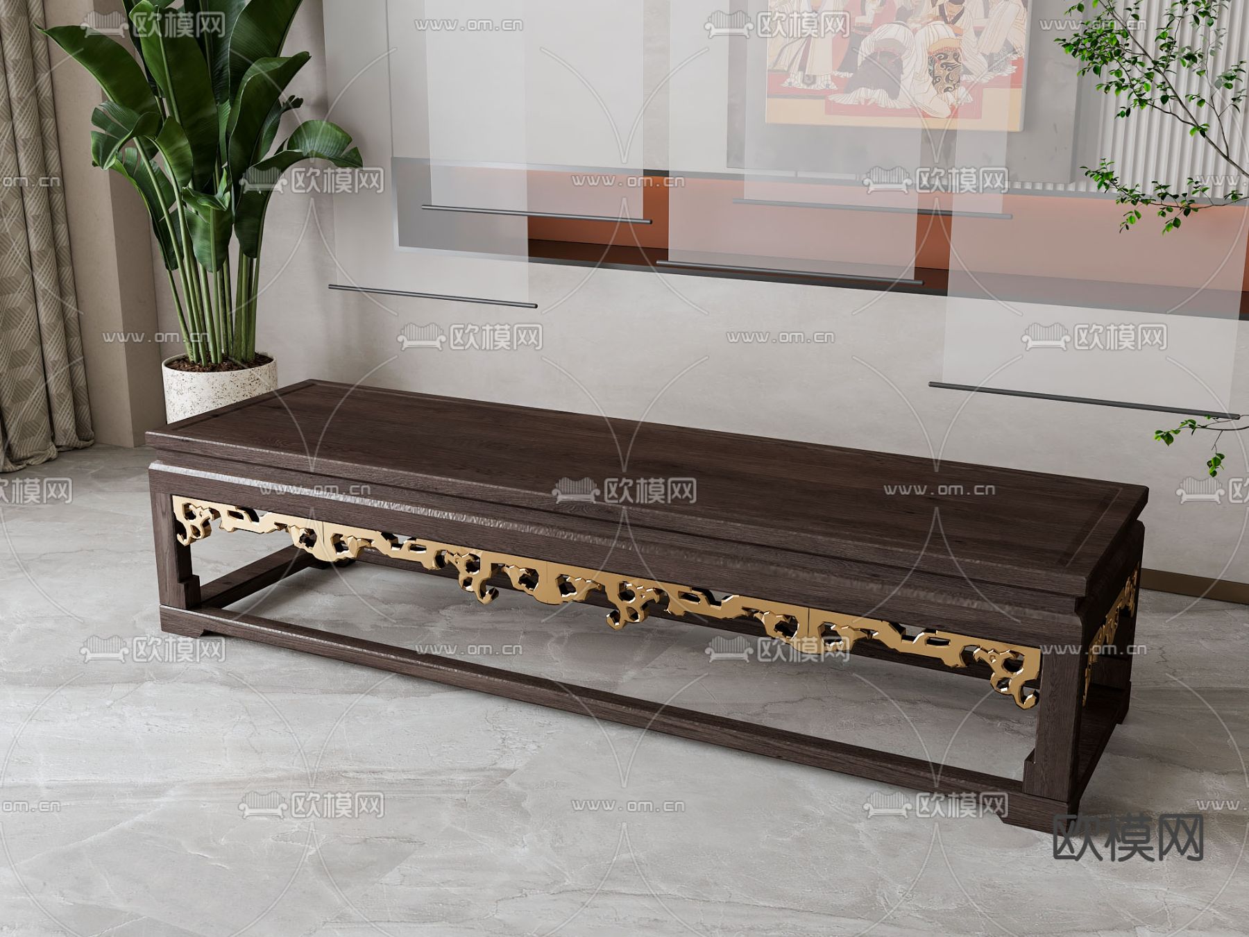 新中式长凳su模型下载（渲染图2）