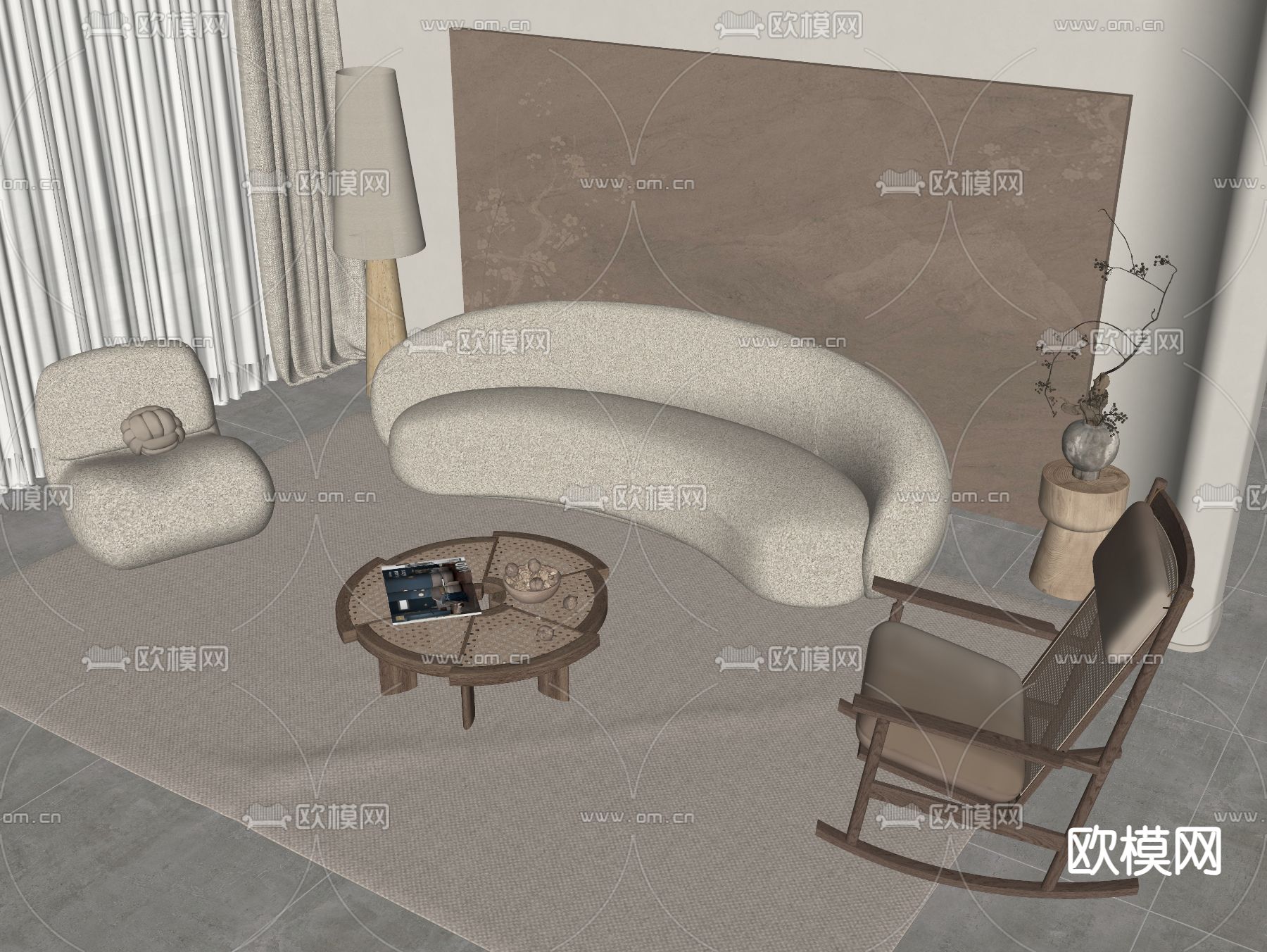 侘寂风组合沙发su模型下载（渲染图1）