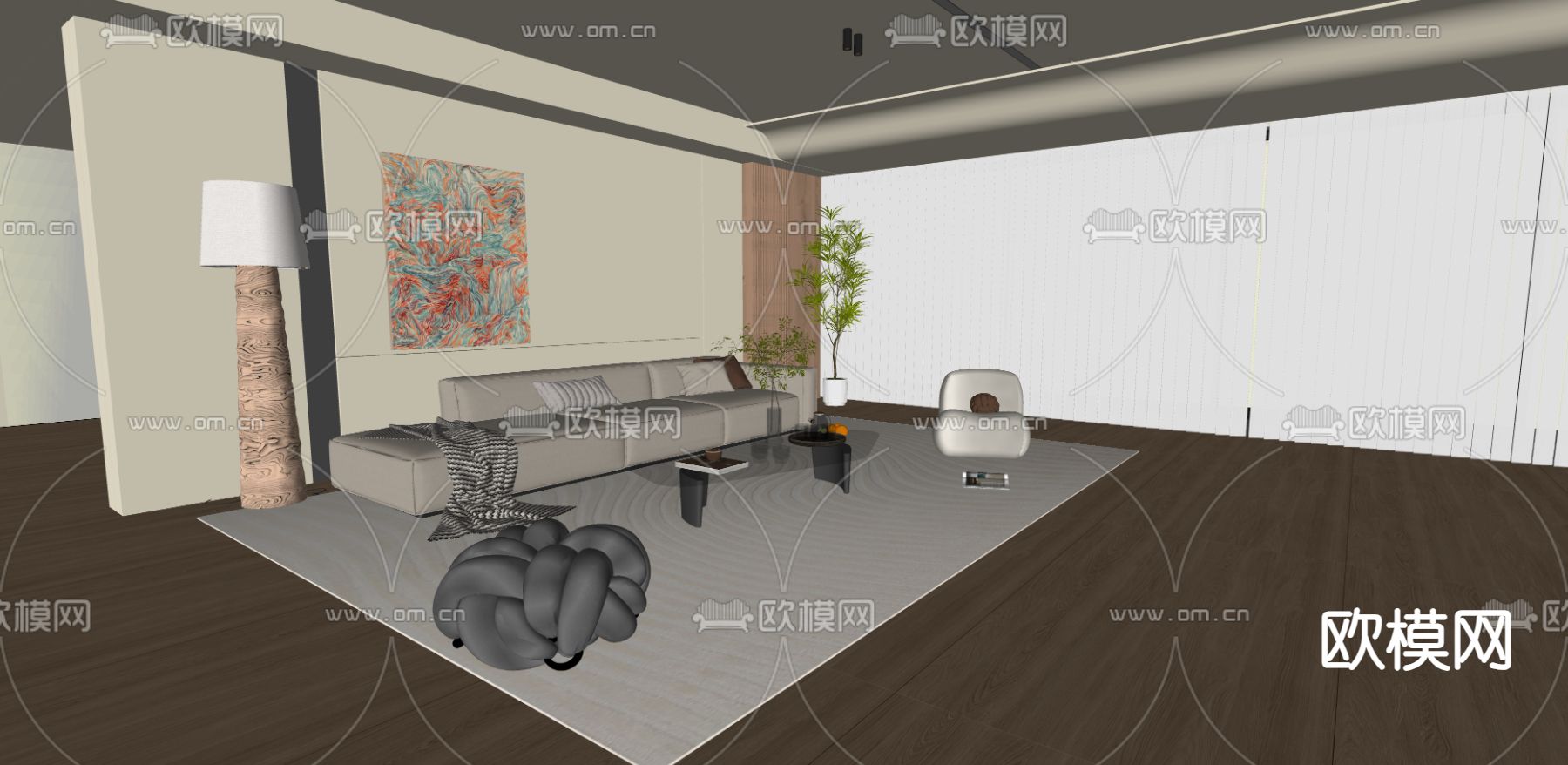 奶油风组合沙发su模型下载（渲染图1）