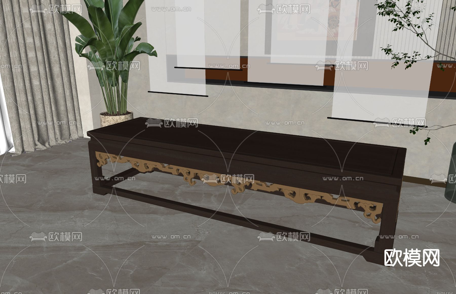 新中式长凳su模型下载（渲染图1）