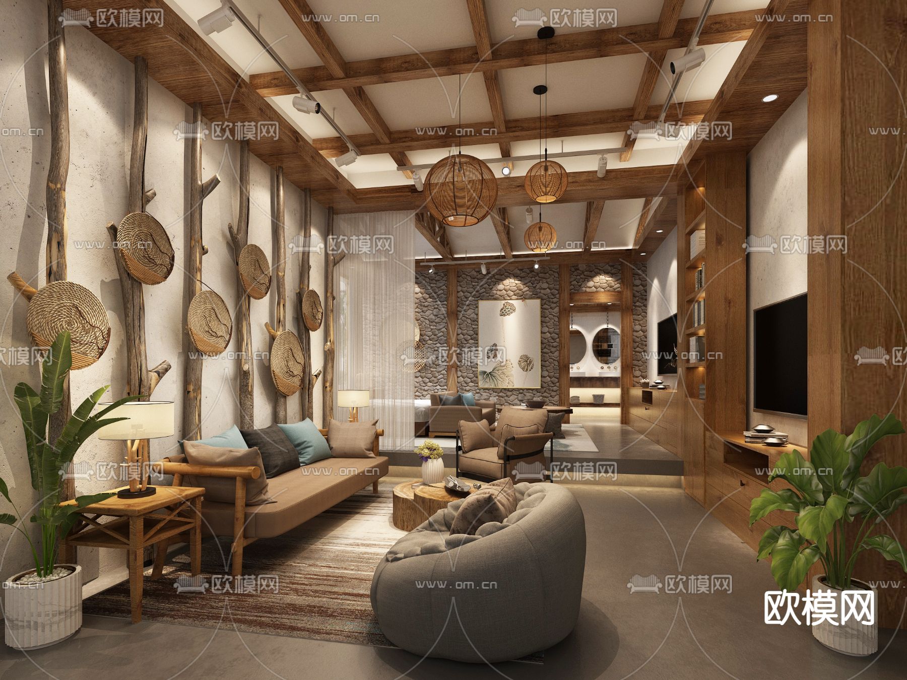 新中式民宿卧室3d模型下载（渲染图1）