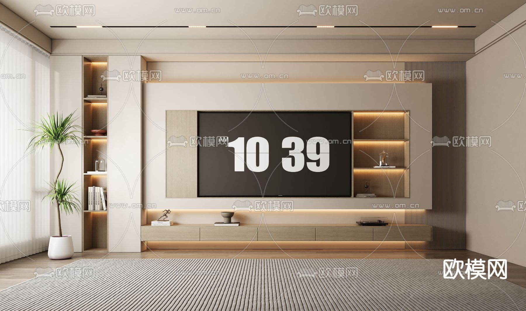 奶油风客厅 电视背景墙3d模型下载