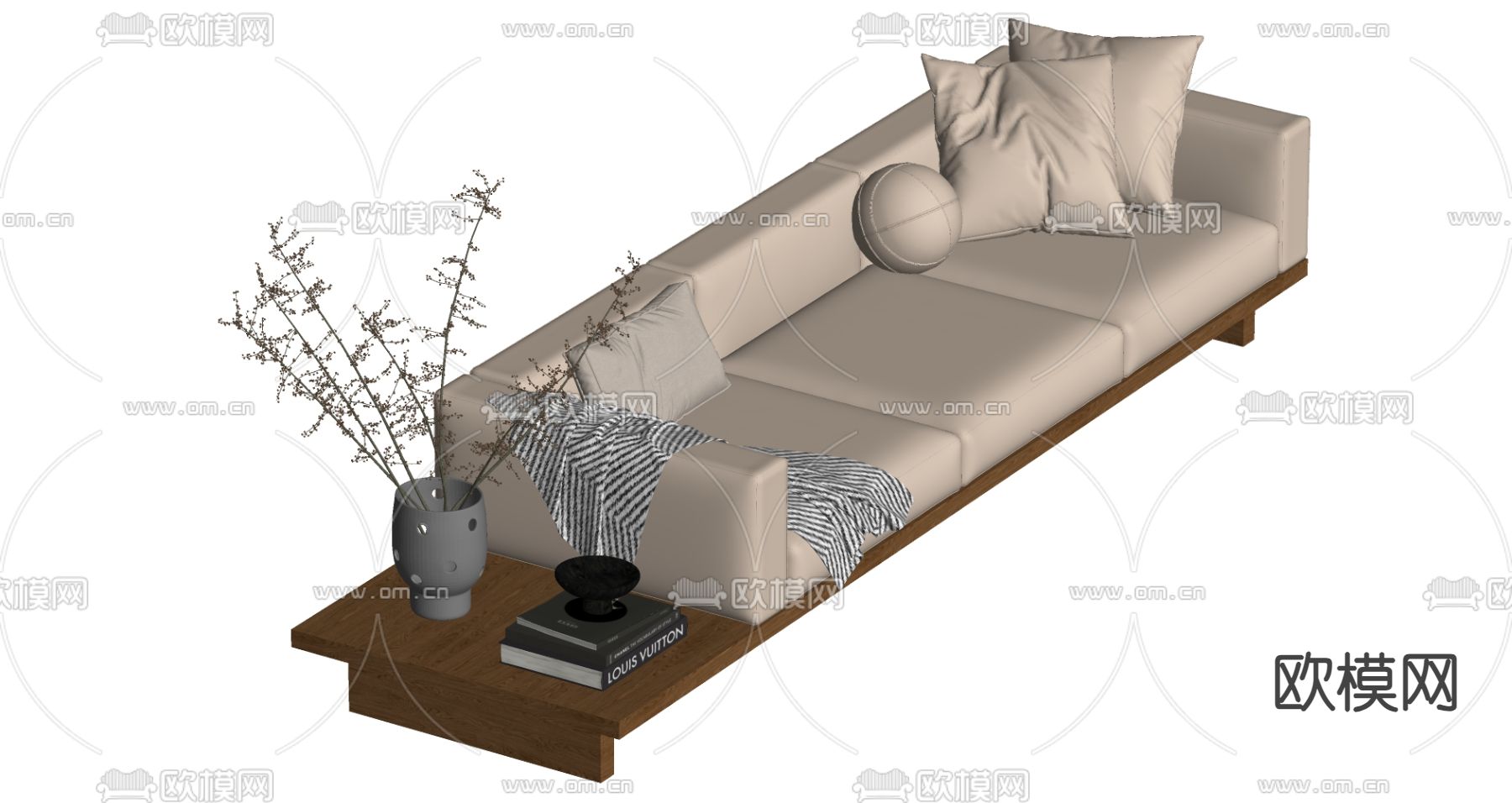 侘寂风多人沙发su模型下载（渲染图1）