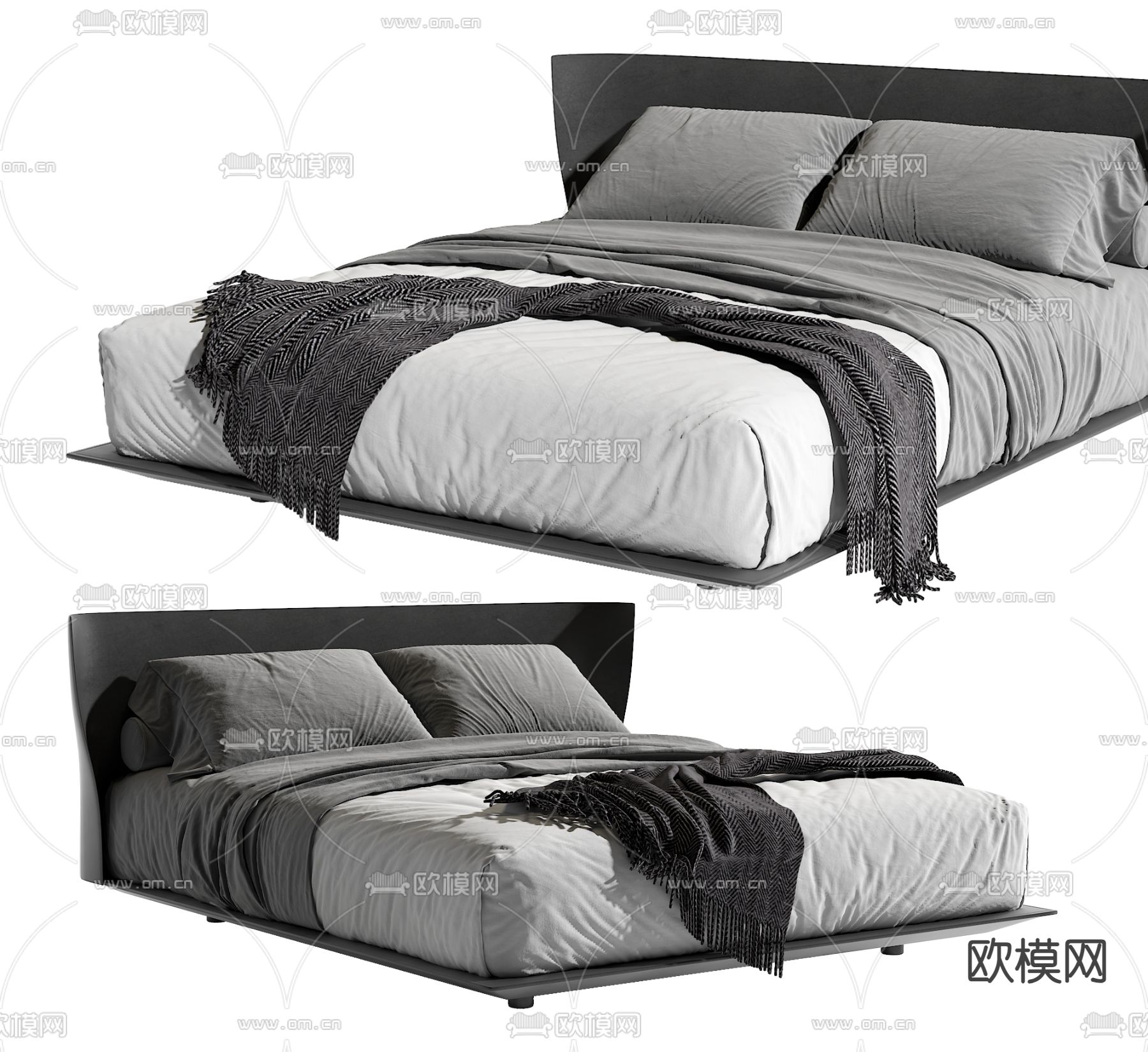 高级灰双人床3d模型下载